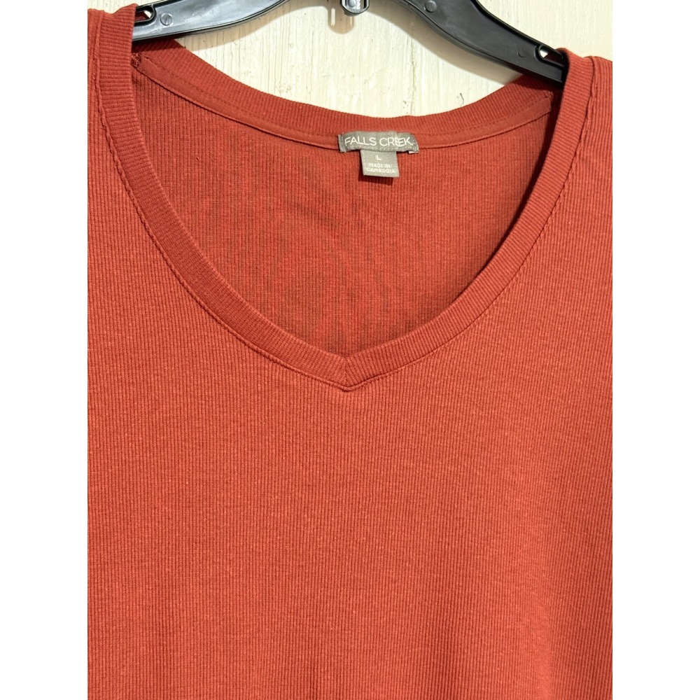 Falls Creek Womens Rust Orange Ribbed V-Neck Puff Sleeve Knit Top Large